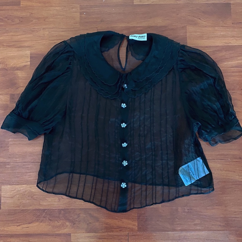 Miu miu silk collared puff sleeve sheer blouse